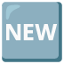 Wort „New“ in blauem Quadrat