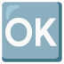 Großbuchstaben OK in blauem Quadrat